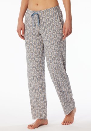 Floral print lounge pants in light beige with blue accents. Features an elastic waistband with a drawstring and relaxed fit. Soft fabric texture.