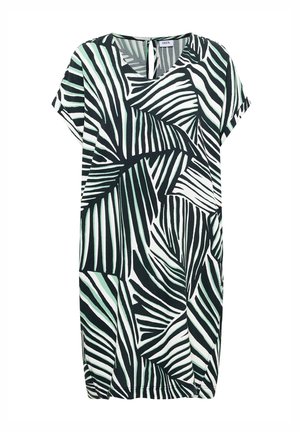 Kortærmet kjole til knæet med sort-hvidt abstrakt bladmønster og lille nøgleringsdetalje ved halsudskæringen.