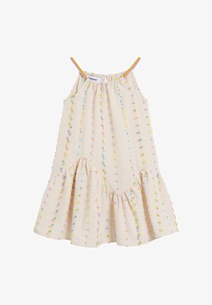 Svetlobéžové šaty bez rukávov s viacfarebnou bodkovanou výšivkou v zvislých líniách, volánovým lemom a nastaviteľnými ramienkami.