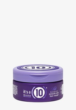Fioletowy pojemnik maski do włosów It's a 10 Silk Express Miracle Silk, 240 ml, z odkręcaną nakrętką i logo produktu na boku.