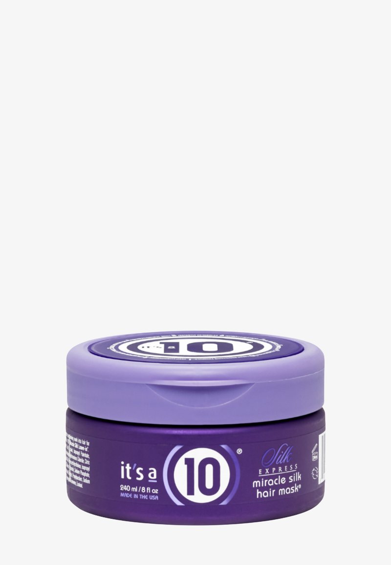 Récipient violet de 240 ml de masque capillaire miracle soie express It's a 10 Silk, avec un couvercle à visser et le logo du produit sur le côté.