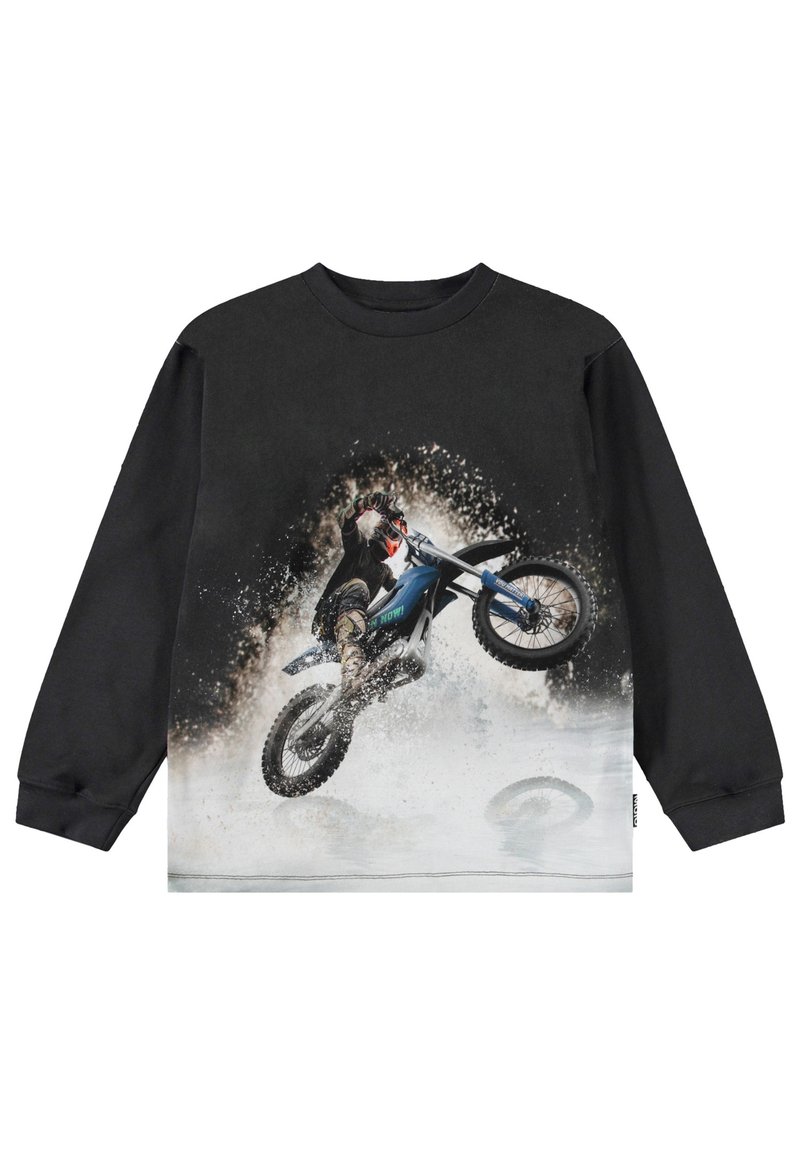 Tricou din bumbac negru cu mânecă lungă, având un imprimeu grafic cu un motociclist pe o motocicletă albastră, înconjurat de stropi de noroi și apă.