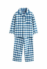 Conjunto de pijama a cuadros azul y blanco hecho de un tejido suave. Incluye una camisa abotonada con un bolsillo y pantalones a juego con cintura elástica.