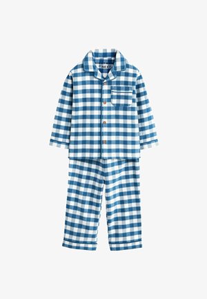 Modrý a bílý kostkovaný pyžamový set vyrobený z měkké tkaniny. Obsahuje košili na knoflíky s kapsou a odpovídající kalhoty s elastickým pasem.