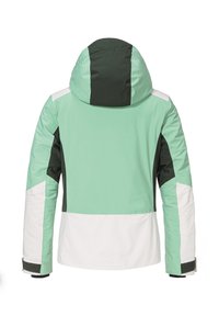Skijacke mit einem mintgrünen Oberteil, schwarzen und weißen Akzenten, einer Kapuze und einem farblich abgestimmten Design. Sie verfügt über eine glatte Textur und verstellbare Bündchen.