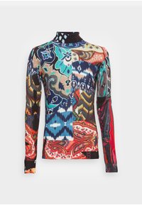 Pull à col roulé multicolore à manches longues, présentant divers motifs géométriques et cachemire. Confectionné dans un tissu doux avec une coupe ajustée.