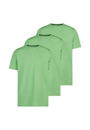 Drei schlichte hellgrüne T-Shirts mit kurzen Ärmeln und Rundhalsausschnitt, überlappend auf weißem Hintergrund angeordnet.