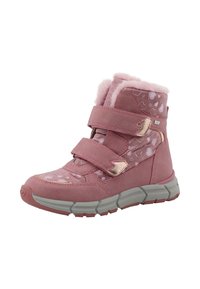 Botas de invierno infantiles rosas con dos tiras de velcro, patrones de corazones, forro de forro polar y suela de goma gris.