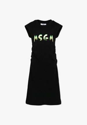 Abito midi nero con maniche corte, fianchi arricciati, caratterizzato da un grande logo MSGM verde e giallo sul petto.