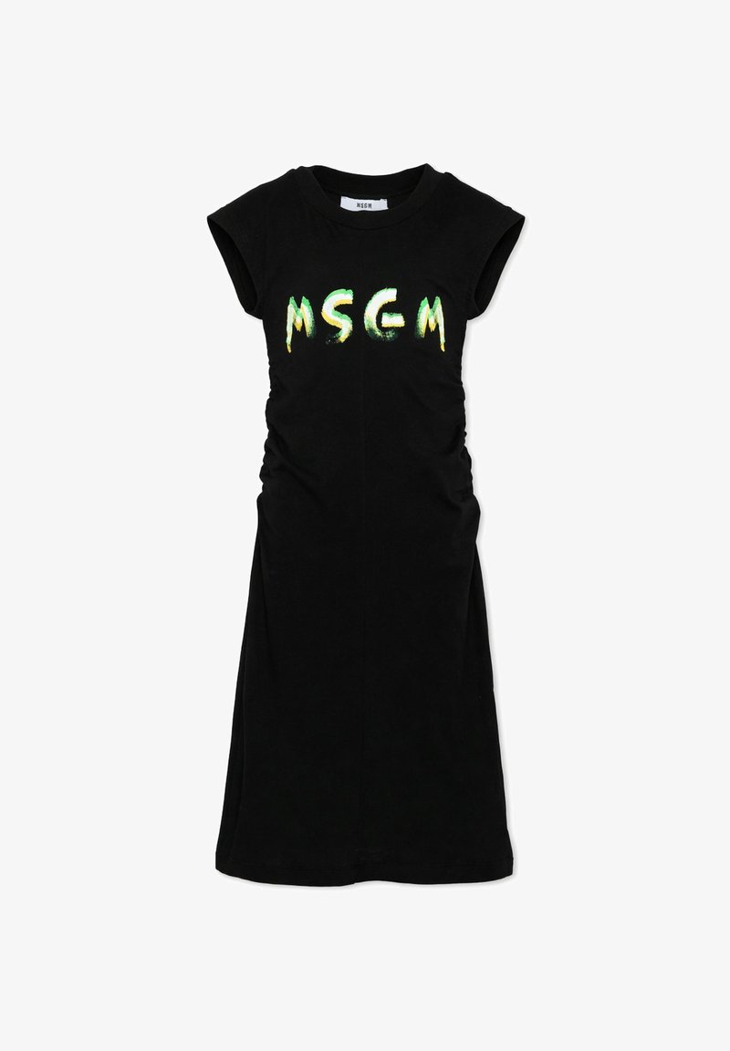 Robe midi noire à manches courtes, côtés froncés, avec un grand logo MSGM vert et jaune sur la poitrine.