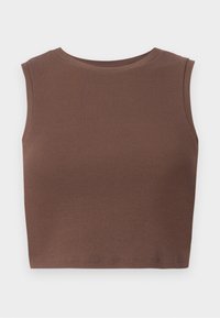 Brown ribbed sleeveless crop top with a crew neckline. Smooth texture and fitted shape, highlighting simplicity in design.