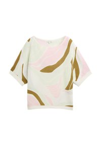 T-shirt à manches courtes, ample, en maille légère de couleur verte claire, avec des motifs abstraits en rose et marron. Col et ourlet côtelés.