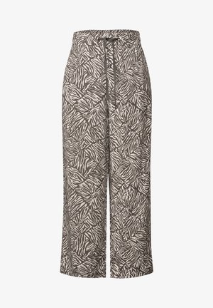 Leichte, dehnbare Stoffhosen mit einem elastischen Bund. Merkmale sind ein grau-weißes Zebramuster, weit geschnittenes Design und strukturiertes Muster.
