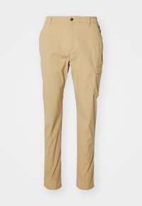 Kaki cargo bukser laget av lett materiale, med rett kutt, sidelommer og en knappefeste i livet.