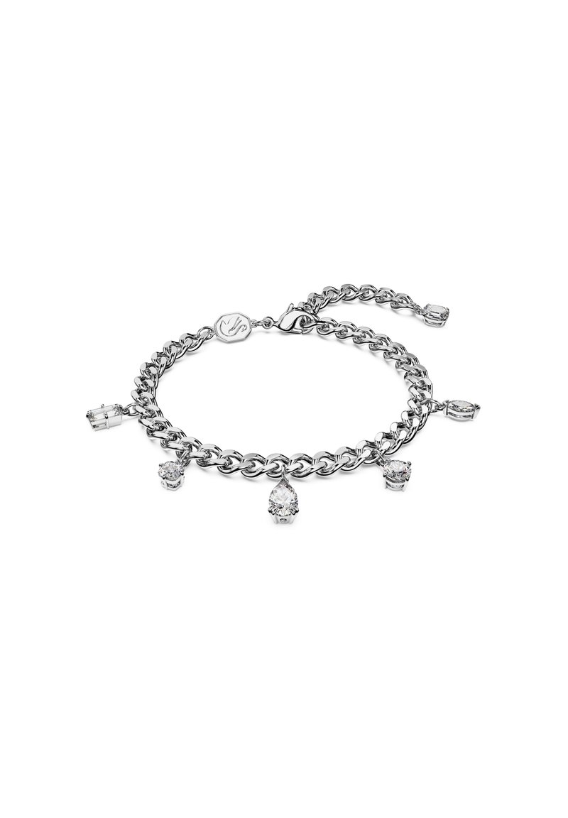Pulseira de corrente em tom prateado com múltiplos pendentes de pedras preciosas transparentes em várias formas, incluindo designs oval, pêra e retangular.