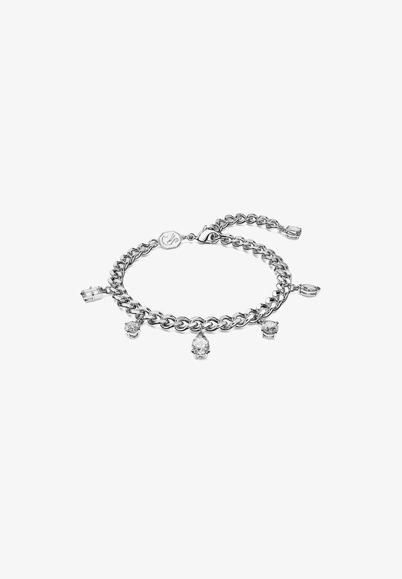 Pulseira de corrente em tom prateado com múltiplos pendentes de pedras preciosas transparentes em várias formas, incluindo designs oval, pêra e retangular.