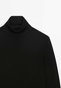 Zwarte langslavige turtleneck trui van gladde stof, weergegeven tegen een witte achtergrond.