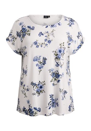 Biela blúzka s krátkymi rukávmi, zdobená kvetinovým vzorom v odtieňoch modrej a zelenej. Mäkká tkanina s voľným strihom a okrúhlym výstrihom.