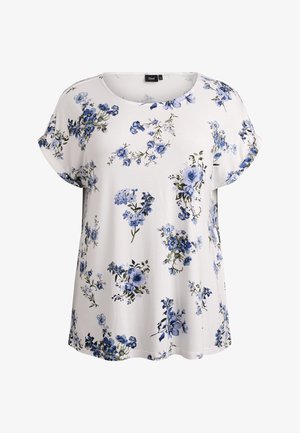 Bílá krátký rukáv halenka s květinovým potiskem v odstínech modré a zelené. Měkká látka s volným střihem a kulatým výstřihem.