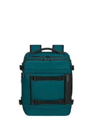 Türkisfarbener rechteckiger Rucksack mit schwarzen Trägern, doppelten Reißverschlussfächern, seitlichen Schnallen und oberem Griff, mit der Aufschrift Samsonite.