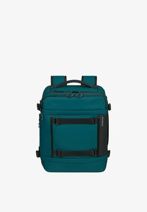 Türkisfarbener rechteckiger Rucksack mit schwarzen Trägern, doppelten Reißverschlussfächern, seitlichen Schnallen und oberem Griff, mit der Aufschrift Samsonite.