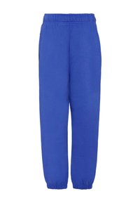 Blauwe sportbroek met een elastische tailleband, twee zijzakken en elastische boorden bij de enkels. Glad materiaal zonder zichtbare patronen.