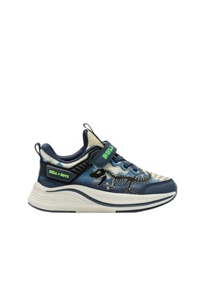 Scarpa da bambino blu navy e beige con grafica scheletro di dinosauro, strap in velcro con etichetta "BULL" e suola bianca spessa.