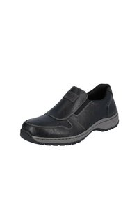 Chaussure noire à enfiler avec un dessus en cuir texturé, des panneaux élastiques et des coutures grises. Dotée d'une semelle rembourrée pour le confort.