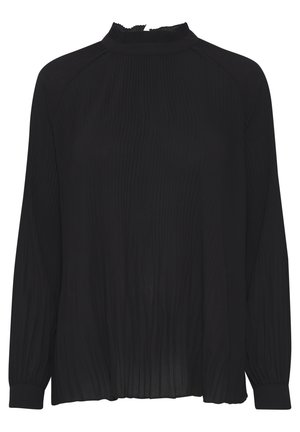 Fekete hosszú ujjú blúz magas rakott nyakkal, bordázott textúrával és laza fazonnal, fitted kialakítású mandzsettákkal.