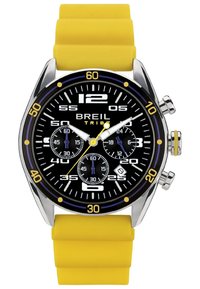 Montre Breil Tribù avec un boîtier rond en acier inoxydable argenté, un cadran noir, un bracelet en silicone jaune, et des sous-cadrans chronographe multifonctions.