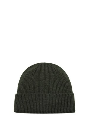 Bonnet en maille côtelée vert foncé avec un revers, présenté sur fond blanc.