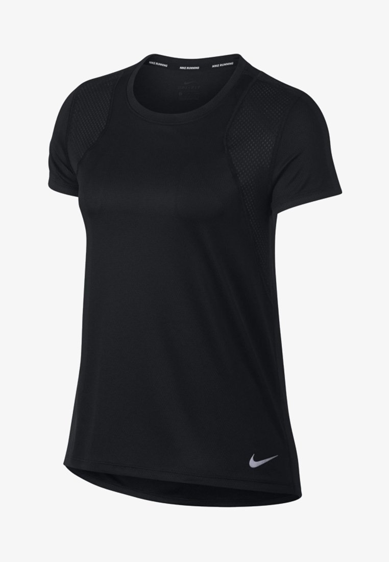 Black short-sleeve athletic shirt with a round neckline, mesh panels on shoulders, and a reflective Nike logo on the lower front.