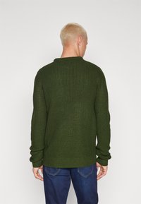 Green knit sweater with a textured pattern, round neckline, and long sleeves, paired with blue jeans. The back view shows the fit and style.