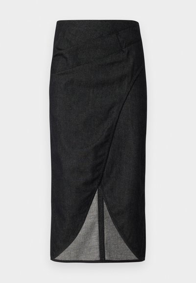 Black denim pencil skirt with a wrapped design, featuring a side slit and smooth texture. Mid-length with a slightly structured waistband.