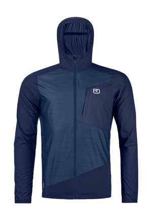 Marineblaue, leichte Kapuzenjacke mit durchgehendem Frontreißverschluss, langen Ärmeln und einer Brusttasche mit weißem Logo.