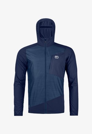 Marineblaue, leichte Kapuzenjacke mit durchgehendem Frontreißverschluss, langen Ärmeln und einer Brusttasche mit weißem Logo.