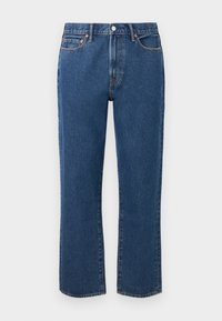 Modre ravne jeans hlače iz denima, z gumbom na zadrgo, petimi žepi in kontrastnim oranžnim šivom.