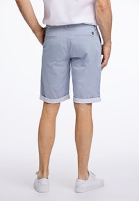 Shorts a righe blu e bianche con orli risvoltati, tasche posteriori e un piccolo etichetta del marchio sul lato destro. Realizzati in un tessuto leggero.
