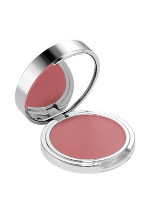 Kompaktes silbernes Make-up-Etui geöffnet, das einen rosa Creme-Rouge mit rundem Spiegel auf der Innenseite des Deckels vor weißem Hintergrund zeigt.
