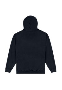 Felpa nera con cappuccio, caratterizzata da una texture liscia. Presenta maniche lunghe e un orlo a coste. Senza loghi o motivi visibili. Vista posteriore mostrata.