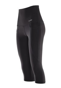 Black high-waisted leggings with a smooth texture, featuring side pockets and contrasting stitching details. Designed for active wear.