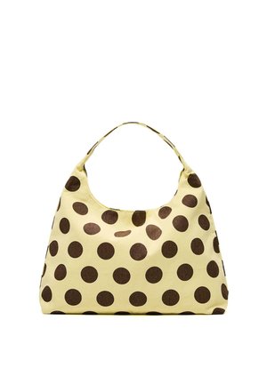 Geantă galbenă cu buline mari maro, material moale și o singură curea de mână.