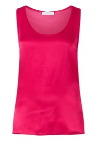 Top senza maniche in satin rosa vivace, caratterizzato da un collo rotondo e una superficie liscia con una leggera lucentezza. Design semplice e minimalista.