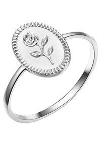 Srebrn prstan z ovalno ploščo z izbočeno rožo, obdano z teksturiranim robom. Gladek trak z vzdržljivim sijajem.