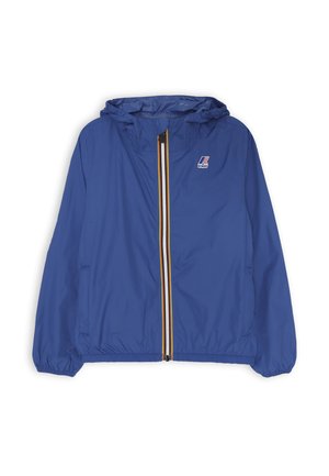 Giacca leggera blu con cappuccio, dotata di chiusura frontale con zip e strisce gialle e bianche a contrasto. Include un piccolo logo sul petto.