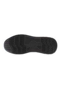 Suola di scarpa in gomma nera con superficie testurizzata, caratterizzata da motivi circolari e a zigzag per aderenza e trazione. Logo del marchio impresso al centro.