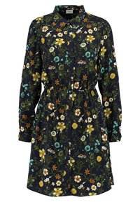 Blommig klänning i lätt tyg, med en mörk marinblå bakgrund och färgglada blommönster, långa ärmar och elastisk midja.