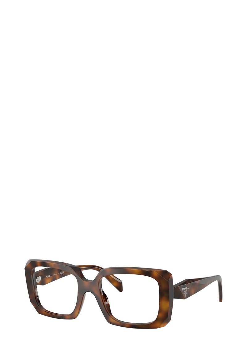 Occhiali da vista tartarugati marroni con una montatura spessa e quadrata, caratterizzati da una superficie testurizzata e dettagli sulle aste, con il marchio "Prada" all'interno.