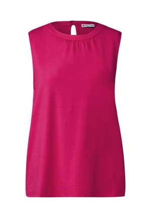 Ærmeløs top i kraftigt pink stof med rund hals og en nøglehul detalje på bagsiden. Blød tekstur med en afslappet pasform.