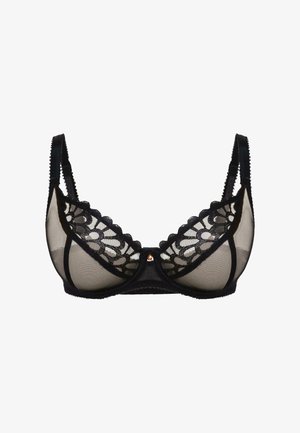 Soutien-gorge noir avec des bonnets en dentelle transparente à motif floral, bretelles réglables et un petit accent décoratif au centre.